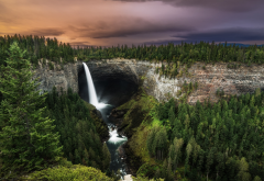 waterfall, forest, tree, clouds, british columbia, canada, nature, landscape wallpaper