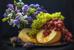 melon, grapes, plum, fruits, food, flowers, bouquet wallpaper