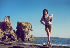 women, model, jean shorts, rock, sand, sea wallpaper