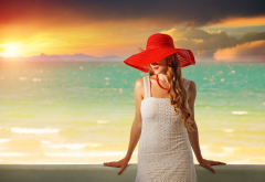 hat, women, model, beach, sunset, curly hairs wallpaper