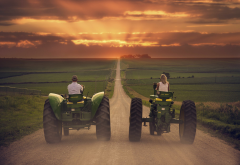 landscape, field, tractors, vehicle, sunset wallpaper