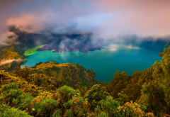 rinjani volcano, lombok, mount rinjani, nature, lake, turquoise, water, forest, mountains, clouds, i wallpaper