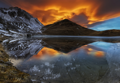 alps, france, nature, landscape, lake, mountains, snow, sunset, sky, clouds, reflection wallpaper