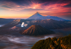 bromo, volcano, java, indonesia, sunrise, fog, mountains, nature wallpaper