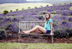 anneka j, lavender, farm, bench, women, outdoors, sitting, model, legs, jeans shorts wallpaper
