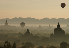 hot air balloons, bagan, myanmar, burma, nature, landscape, temple, mist, fog, architecture wallpaper