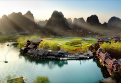 shi wai tao yuan, guilin, china, river, mountains, lights, valley, landscape, nature wallpaper