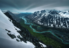 mountains, snow, river, valley, snowy peak, spring, sweden, nature, landscape wallpaper