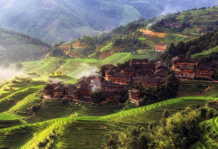 china, asia, rice paddy, morning, house, hill, terraced field, nature, landscape wallpaper