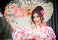 umbrella, women, asian, model, brunette, smiling, kimono wallpaper