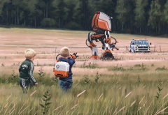 futuristic, simon stalenhag, robot, avatar, field, grass, police car wallpaper