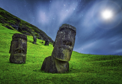 moai, sculpture, starry night, grass, moonlight, easter island, rapa nui, chile, nature wallpaper