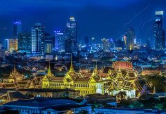 grand palace, bangkok, thailand, night, skyscrapers, panorama, city wallpaper
