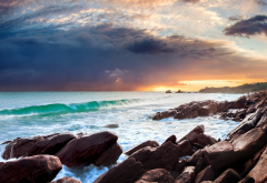 meelup beach, sugarloaf rock, sunrise, sea, ocean, coast, waves, rock, sky, clouds, nature wallpaper