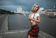 women, model, blonde, ponytail, skirt, river, city, looking away, moscow wallpaper