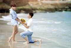 asian, couple, love, beach, flowers, sea, bouqet, women  wallpaper