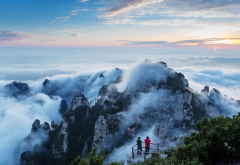 mountains, sunrise, clouds, fog, nature, cliff, china wallpaper