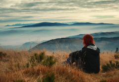 women, redhead, fog, clouds, nature, hill, landscape, women wallpaper