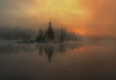 nature, mist, river, sunrise, church, reflection, sunlight, russia wallpaper