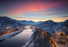 salzburg, austria, city, river, winter, snow, sunset wallpaper