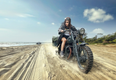 motorcycle, women, beach, sand, sea, art wallpaper