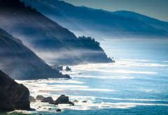 landscape, nature, mist, sea, mountains, coast, rocks, california, usa wallpaper