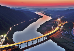 south korea, river, road, bridge, lights, mountains, sunset, aerial view, photography, city wallpaper