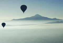 hot air balloons, mist, fog, landscape, mountains, sky, nature wallpaper