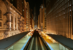chicago l train, chicago, city, cityscape, urban, metro, building, night, city lights, train station, railway wallpaper