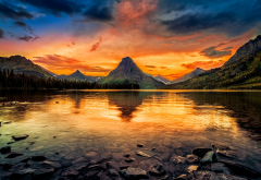 two medicine lake, usa, glacier national park, forest, mountains, lake, sky, glow, sunset, nature wallpaper