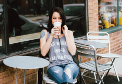 brunette, sitting, coffee, cafe, jeans, women wallpaper