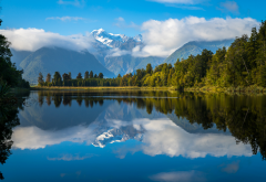 lake matheson, new zealand, nature, mountains, beauty, reflection, lake, clouds, forest wallpaper