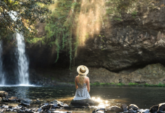 waterfall, nature, women, blonde, hat, summer dress wallpaper