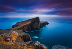 New Zealand, nature, landscape, lighthouse, sunset, sea, cliff, clouds, coast, horizon, blue wallpaper