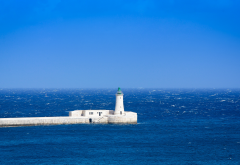 mediterranean sea, lighthouse, sea, horizon, blue sky, waves, nature wallpaper