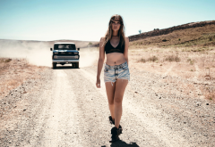 mirage, girl, jeans shorts, road, cars, dust wallpaper