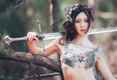 brunette, girl, sword, weapon, fantasy wallpaper