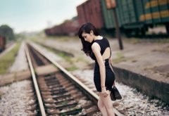 women, girl, railroad, asian, brunette wallpaper