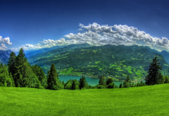 mountains, lake, clouds, panorama, grass, nature wallpaper