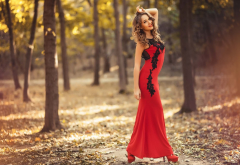 red dress, women, autumn, park wallpaper