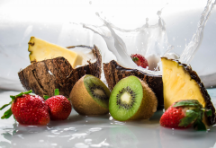 fruits, tropical, splash, food, strawberry, kiwi, pineapple wallpaper