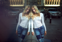girl, blonde, city, reflection, women, jeans wallpaper