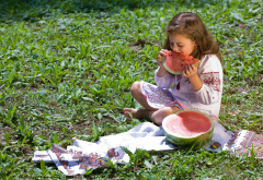 girl, nature, ukrainian, baby, berry, watermelon, delicious, food wallpaper