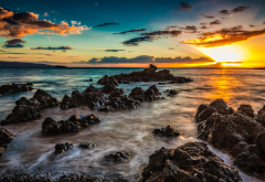 dawn, rocks, sea, landscape, sunset, nature, makena beach wallpaper