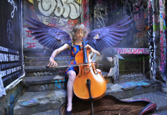 girl, cello, wings, women, music wallpaper