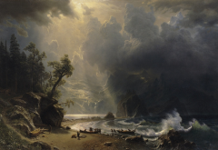 albert bierstadt, shore, mountains, dark clouds, boat, waves wallpaper
