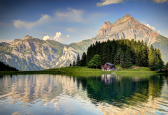 switzerland alps, house, mountains, river, forest, beauty, nature, lake wallpaper
