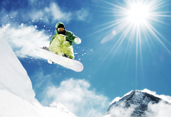 mountains, winter, snowboard, snow, rays of light, sport wallpaper