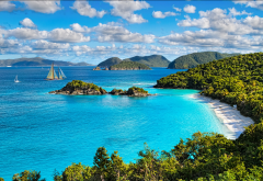 trunk bay, virgin islands national park, virgin islands, sea, island, landscape, clouds, nature, tropical, beach, yacht, ship wallpaper