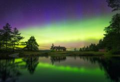 nature, norway, house, lake, reflection, night, aurora borealis, stars wallpaper